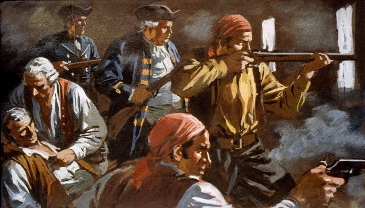 O ilustrare cu figuri istorice, incluzând bărbați îmbrăcați în costume din trecut, purtând arme într-un cadru întunecat.