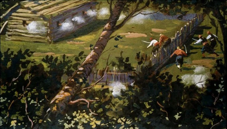 Pictură ce ilustrează o scenă de paisaj cu o colibă și câțiva oameni care interacționează într-un mediu natural.