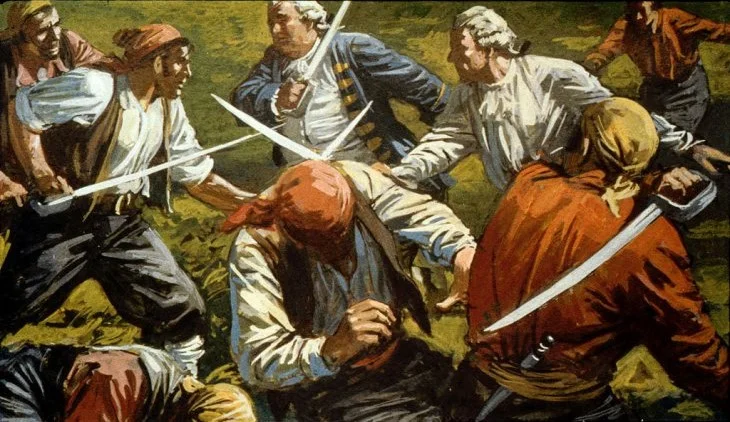 Ilustrație reprezentând o bătălie navală cu pirați, cu personaje în costume istorice care se luptă cu săbii într-un peisaj de campie.