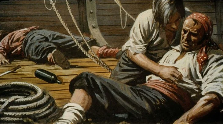 Imaginea ilustrează o scenă dramatică pe o navă, cu doi marinari, unul rănit și celălalt ajutându-l, în timp ce un alt marinar se află întins pe podea.