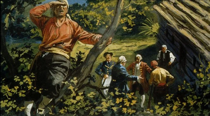 Ilustrație colorată reprezentând un grup de bărbați în costume istorice, interacționând într-un peisaj natural, cu un bărbat în prim-plan care pare să observe ceva de la distanță.