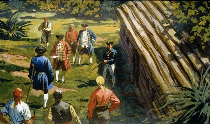 Imagină artistică cu pirați și soldați, aflându-se într-un peisaj natural, cu un buncăr de lemn vizibil în fundal.