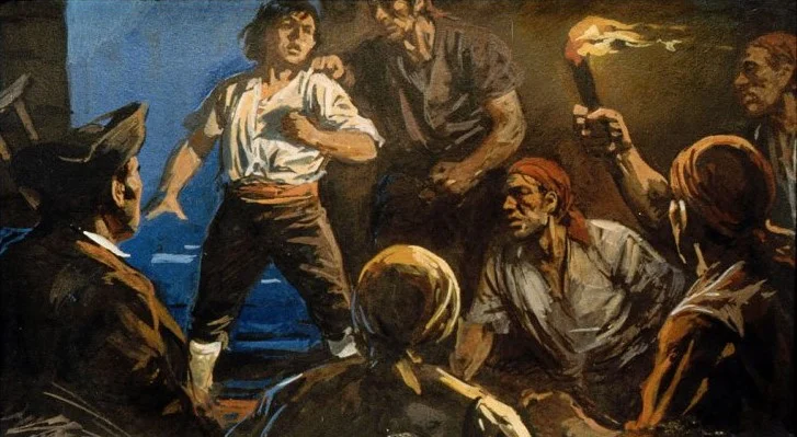 O scenă de aventură maritimă, cu un grup de pirați care discută intens, în centrul atenției fiind un tânăr îmbrăcat în haine de marin, care pare să se confrunte cu ceilalți pirați.