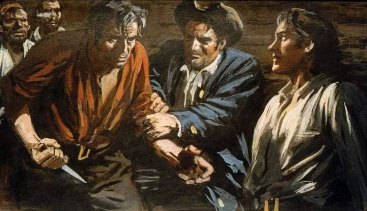 Ilustrație dramatică cu trei bărbați în conflict, unul fiind reținut de ceilalți, într-un mediu întunecat.