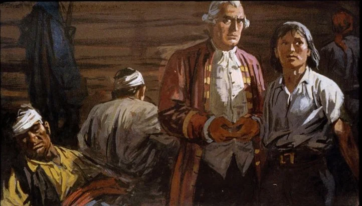 O scenă cu mai mulți bărbați, inclusiv unul îmbrăcat elegant și un altul în haine simple, într-un mediu rustic.