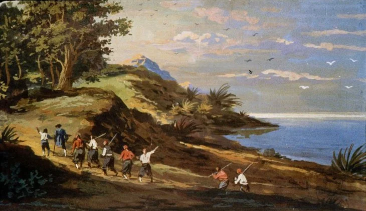 Peisaj pictat cu un grup de oameni care se deplasează pe malul unei ape, înconjurați de vegetație.