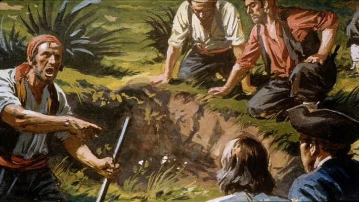 Ilustrație a unor oameni într-o scenă de aventură, discutând și indicând spre o zonă săpată în pământ.