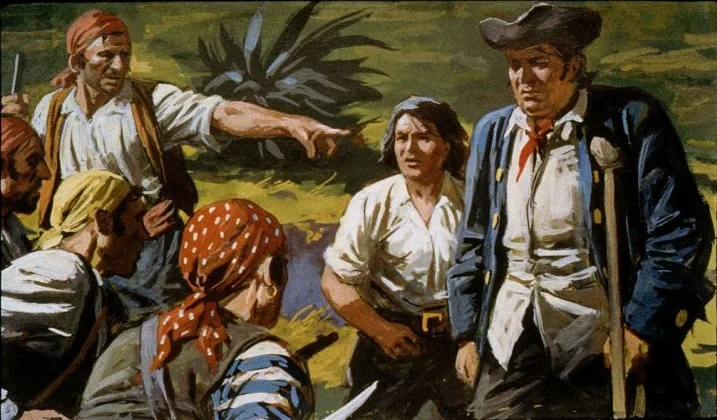 Ilustrație cu pirați într-o discuție intensă, unii arătând spre o direcție, în timp ce alții ascultă cu atenție.