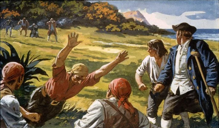 O ilustrație care prezintă un grup de oameni pe o pajiște, câțiva dintre ei interacționând, inclusiv un bărbat care pare să se arunce în față, în timp ce alții observă din fundal.