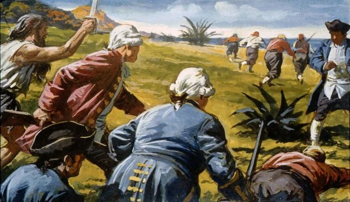 O scenă dintr-o ilustrație historică care prezintă un grup de oameni îmbrăcați în haine din secolul 18, implicați într-o activitate în aer liber, într-un peisaj natural.