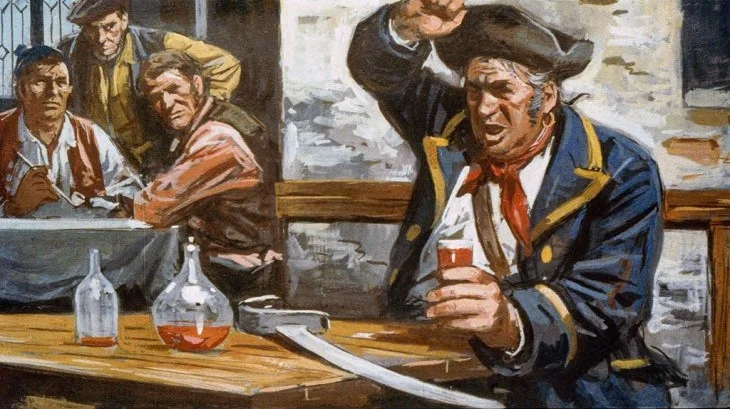 Ilustrație reprezentând o scenă de tavernă cu patru bărbați, unul dintre ei purtând un costum marin, ridicând un pahar în fața unei mese cu sticle de lichid.