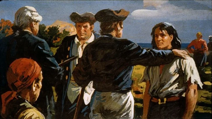 Group of historical figures in a landscape, engaged in a conversation.