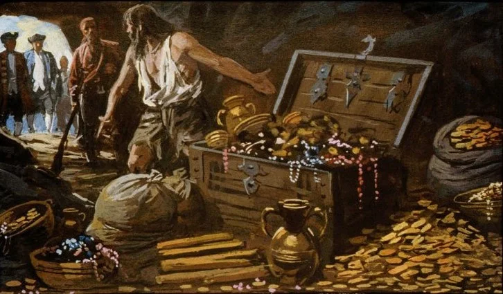 O scenă care ilustrează un pirate care descoperă o ladă plină cu comori, înconjurat de saci cu bijuterii și monede.