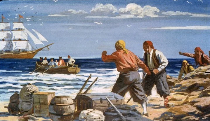 Ilustrație de pirați pe plajă, cu un vapor și o barcă pe mare.