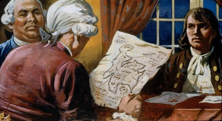 Imagine reprezentând o discuție între trei bărbați, unul dintre ei examinând o hartă, în timp ce alții privesc cu interes.