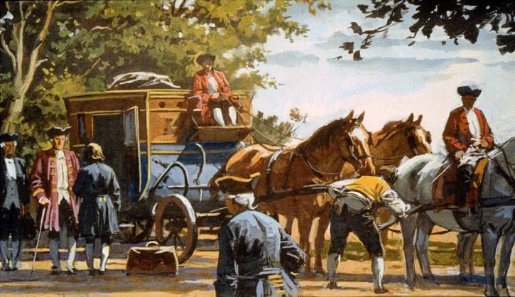 Imagine reprezentând o scenă de transport cu un atelaj tras de cai, oameni îmbrăcați în costume istorice, cu un peisaj natural în fundal.