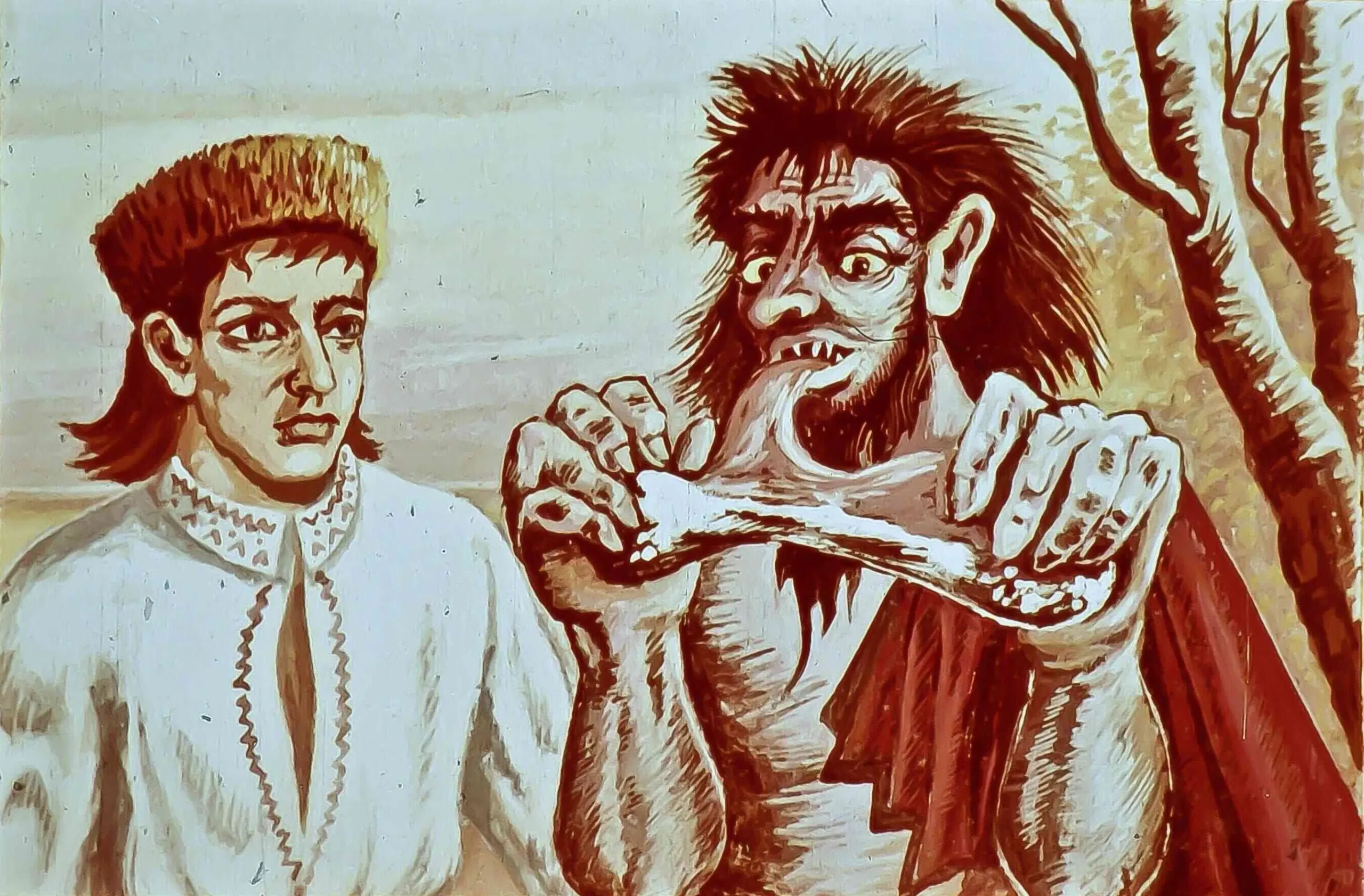 Ilustrație cu două personaje, unul cu o coafură specifică, discutând despre lemnul de stejar pentru foc.