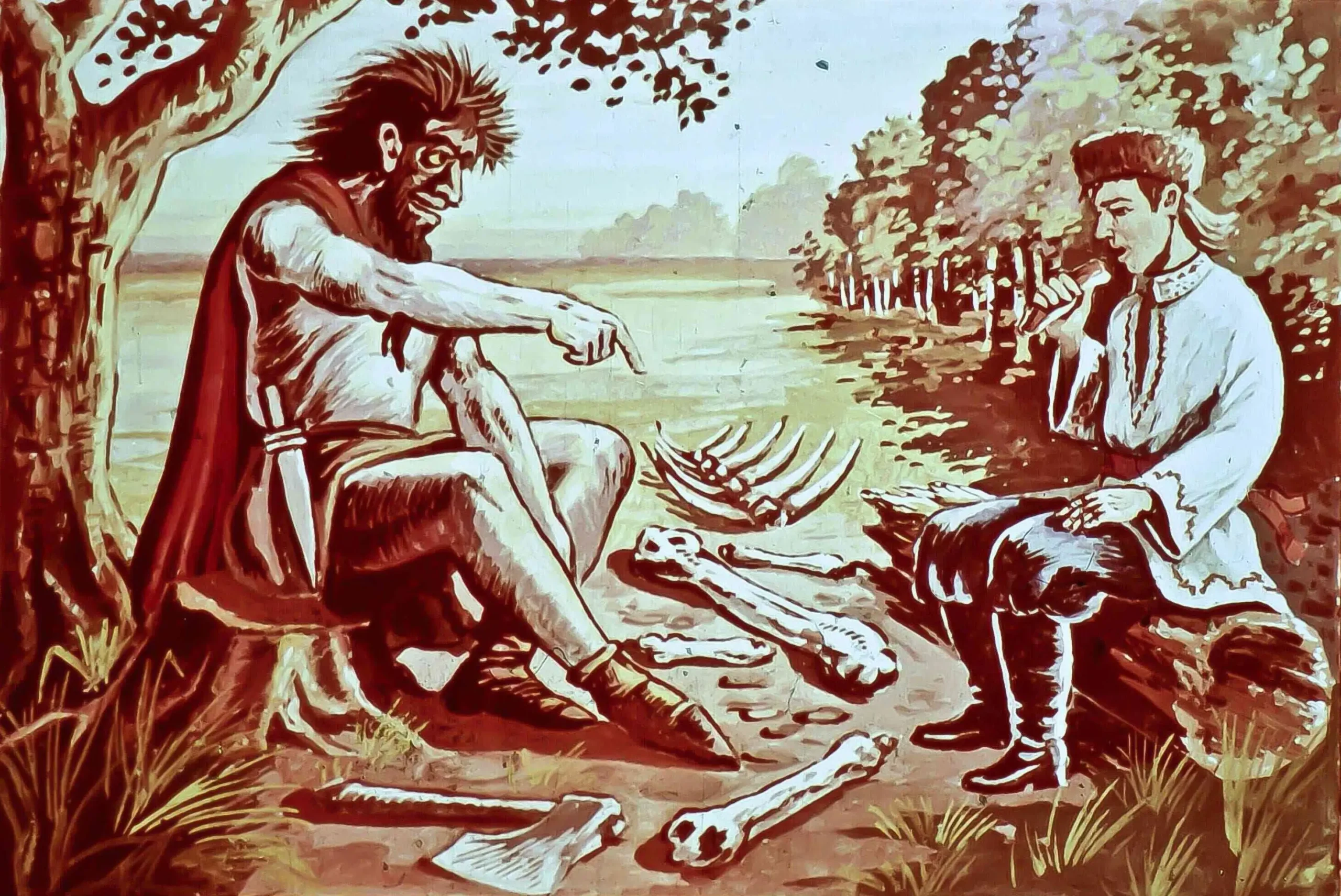 Ilustrație cu un băiat și o ființă mitologică discutând despre mâncare, într-un peisaj natural.