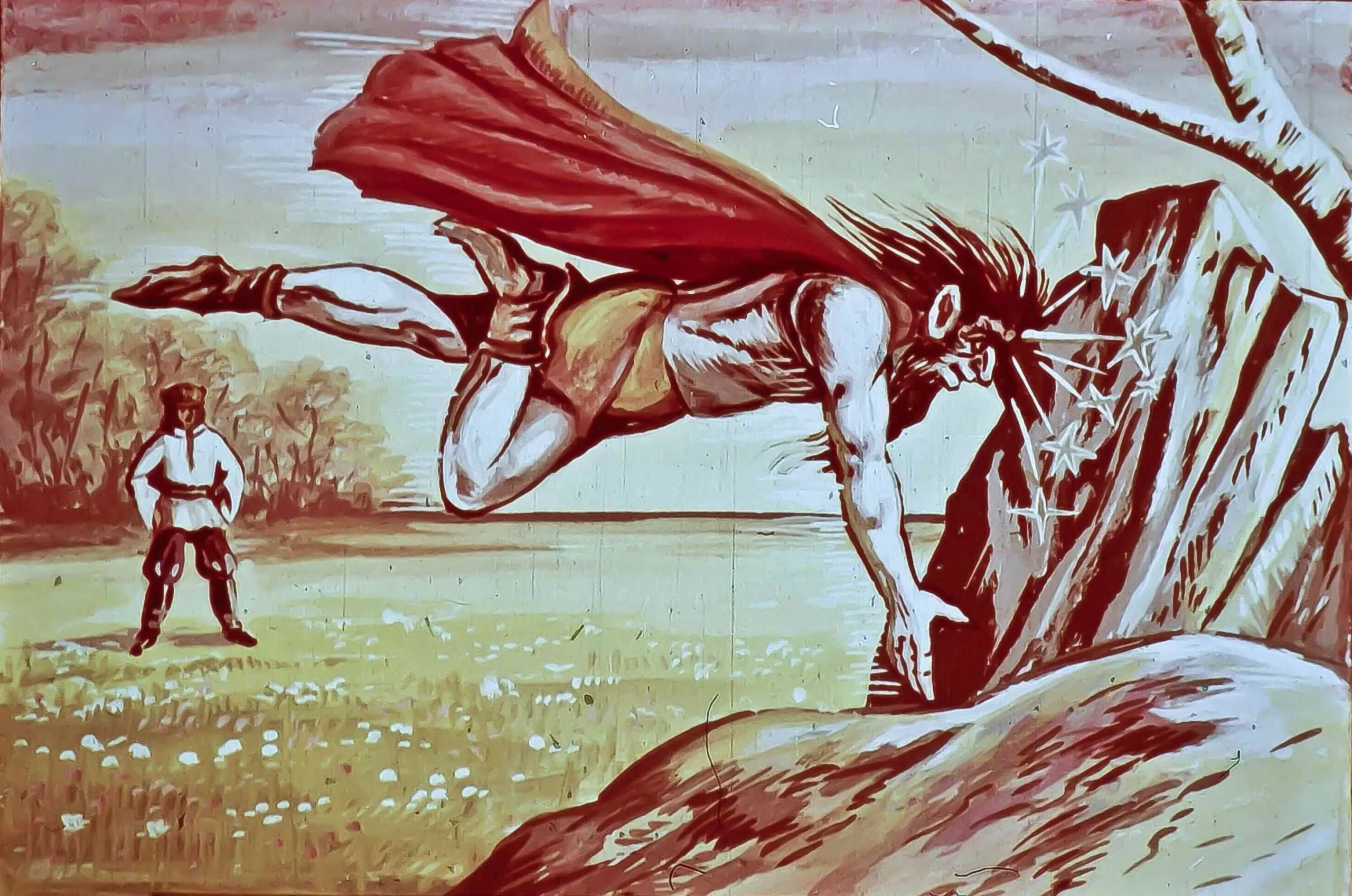 O ilustrație cu un zmeu și un bărbat, zmeul se pregătește să lovească o piatră.