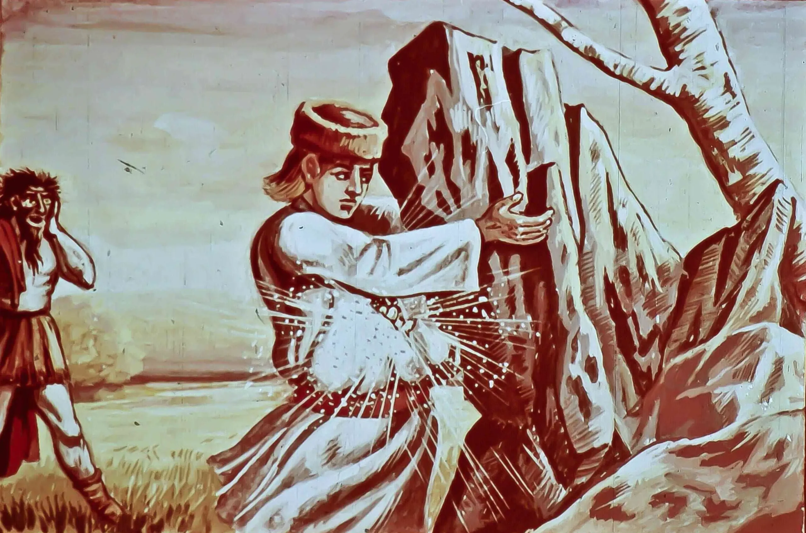 Ilustrație cu un flăcău care interacționează cu o piatră, în contextul unei povești, cu text descriptiv în partea de jos.