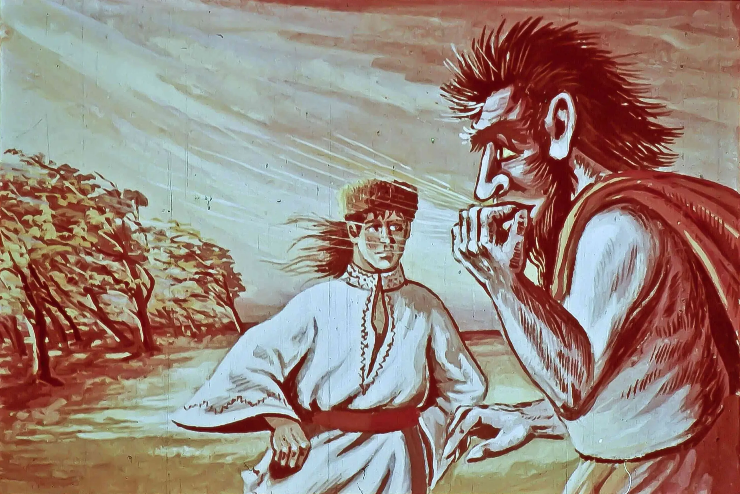 Ilustrație care prezintă o scenă dintr-o poveste, cu două personaje discutând despre puterea fluierului unui zmeu.