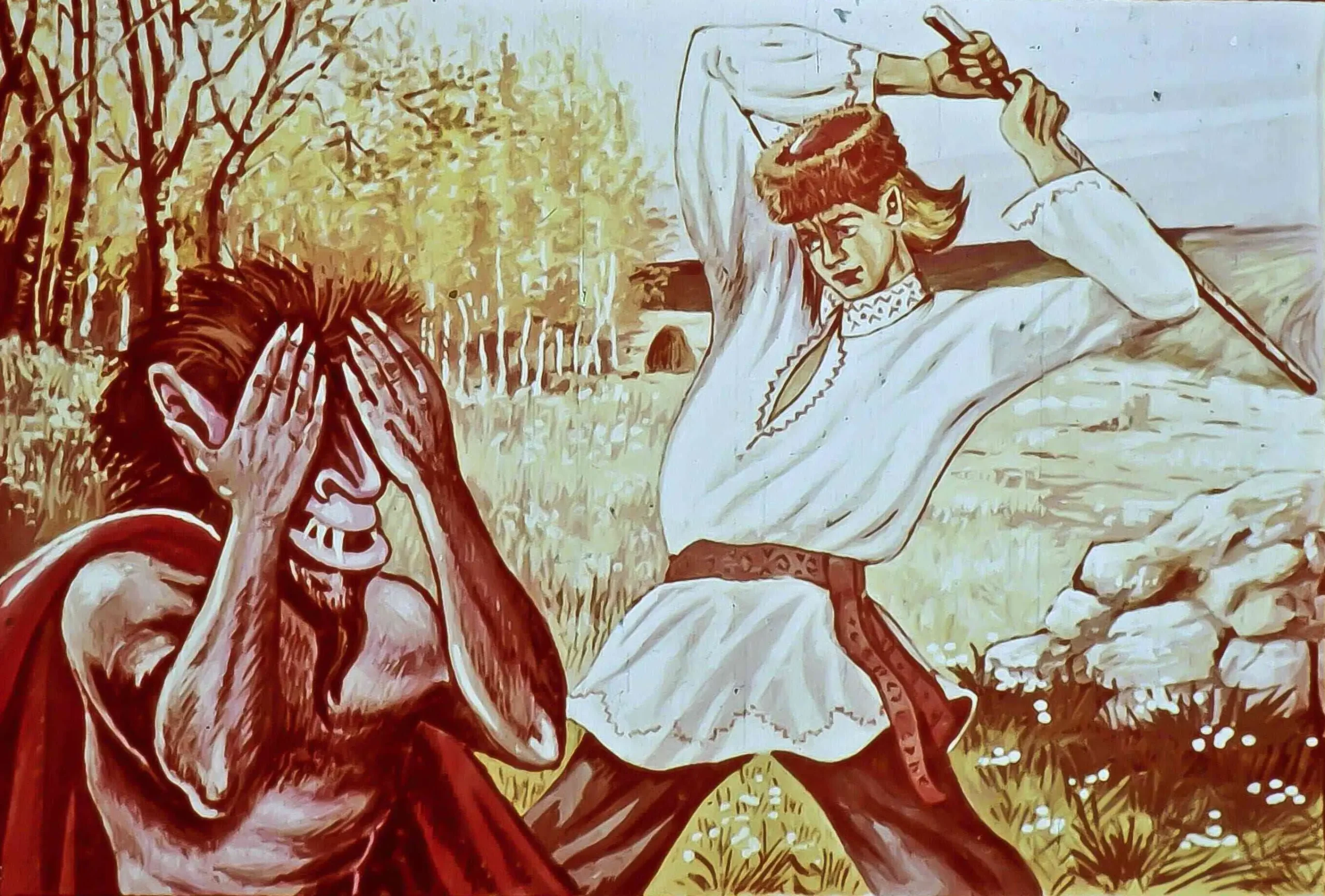 Ilustrație care prezintă o scenă de poveste, cu personaje fantastice și un peisaj natural.