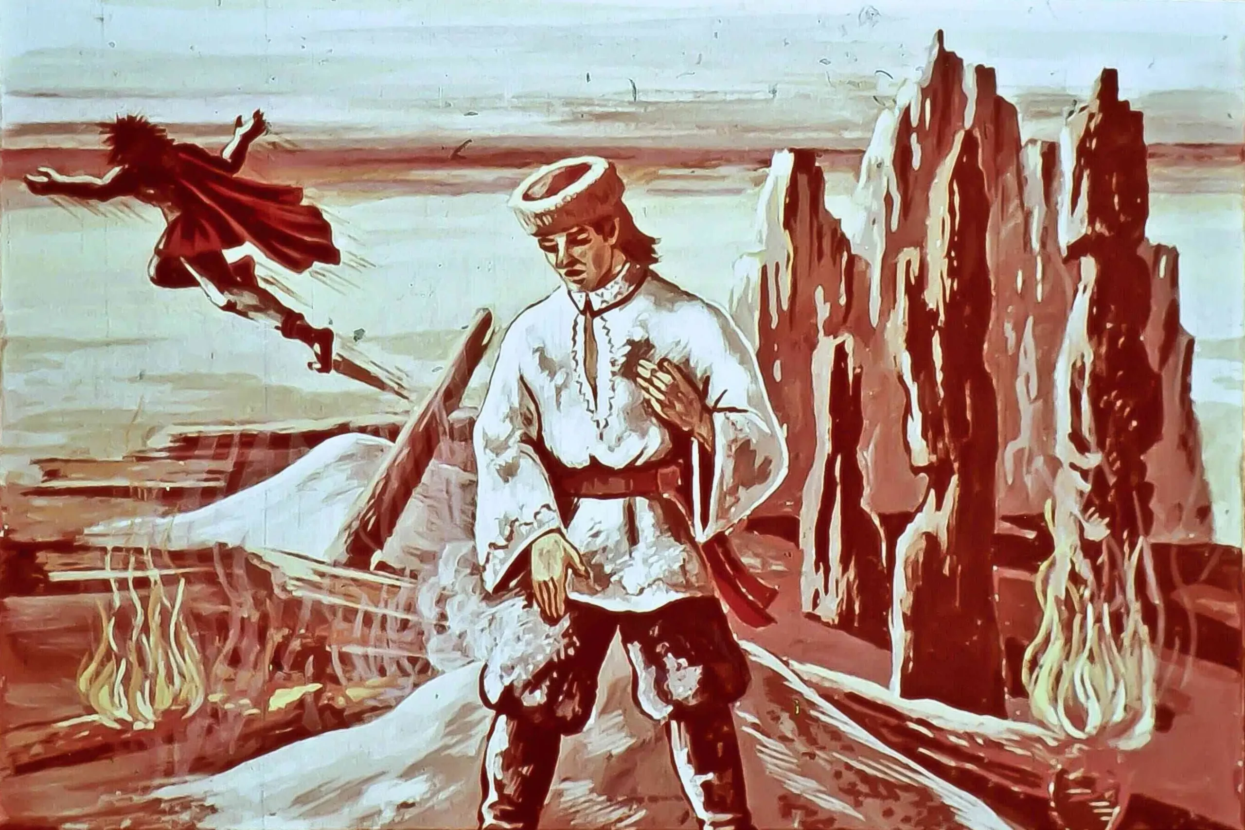 Ilustrație artistică cu un flăcău în fața unui peisaj dramatic, luptând împotriva zmeului care se află în zbor deasupra sa.