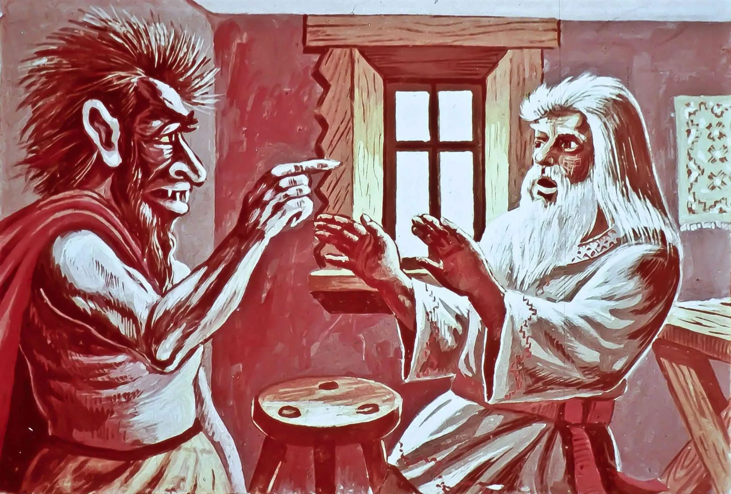 O ilustrație reprezentând un zmeu și un bătrân într-o discuție într-o încăpere.