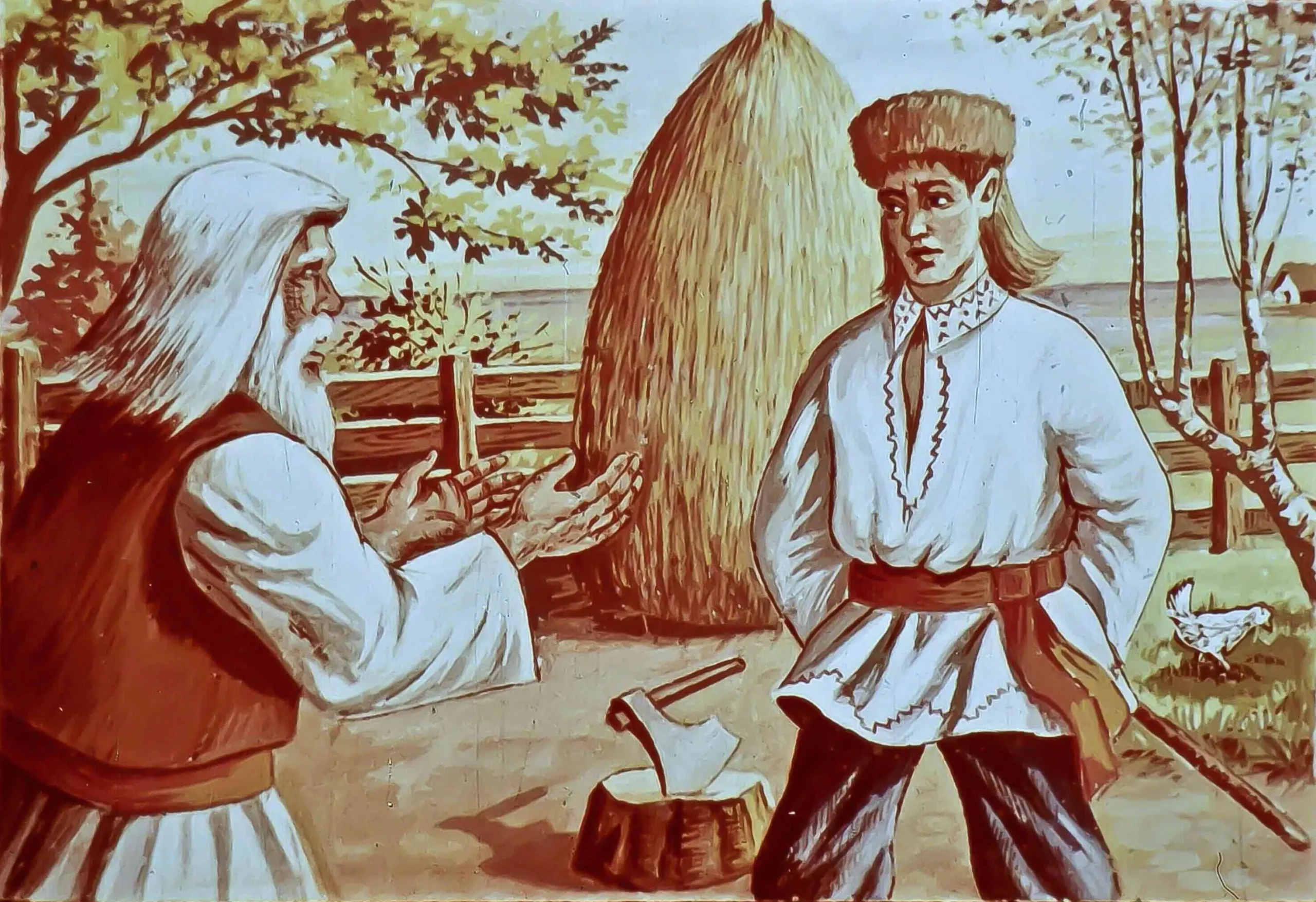 Ilustrație reprezentând o scenă de poveste, cu un băiat sărac și un bătrân, în fundal fiind o fânărie și un peisaj rural.