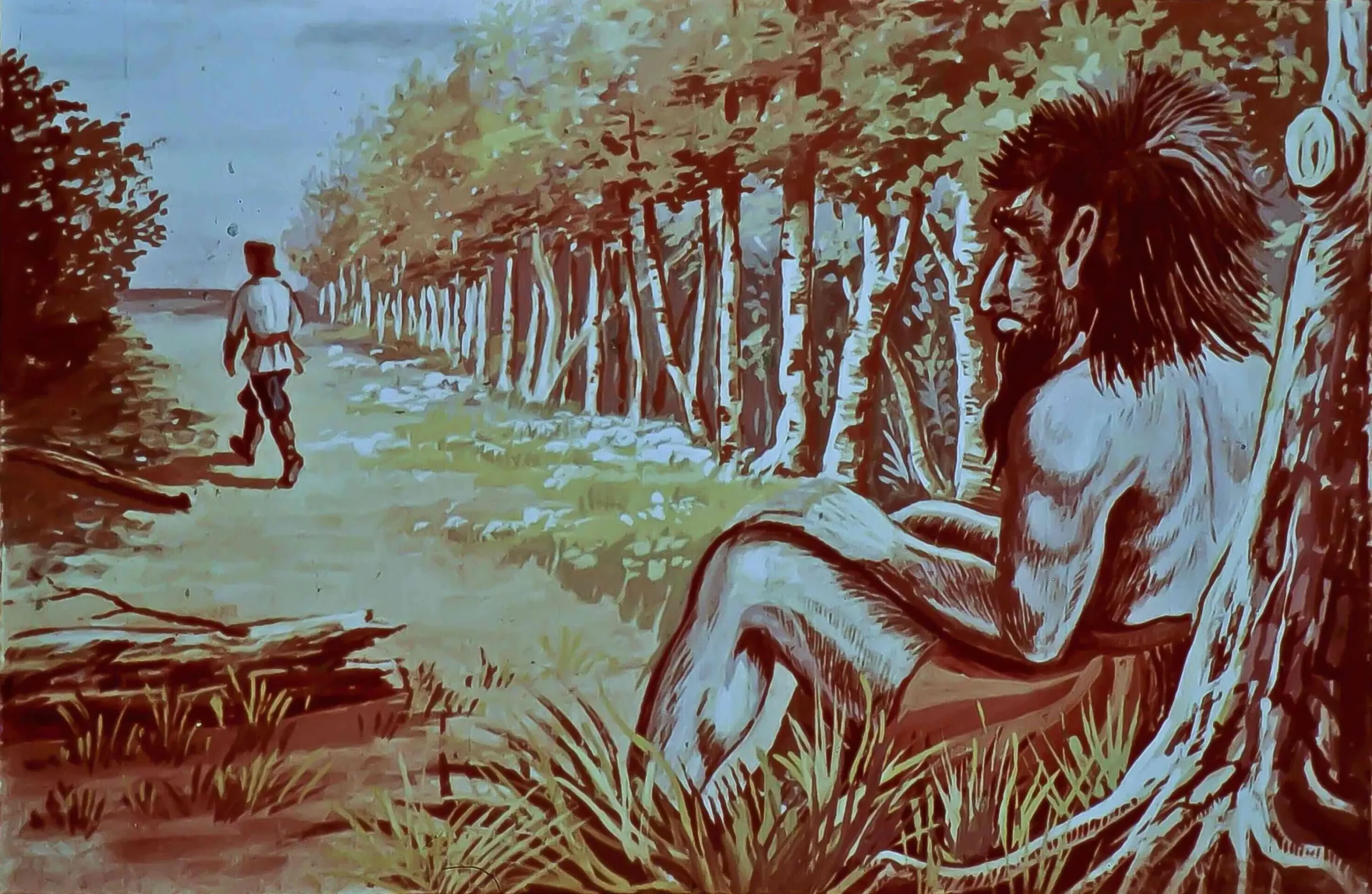 Ilustrație cu un dialog între două personaje, unul dintre ele fiind un om și celălalt un zmeu, pe un fundal de copaci.