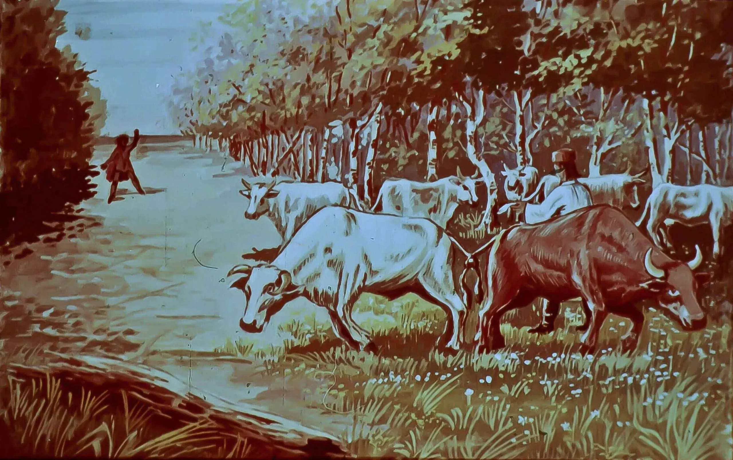 Ilustrație cu un băiat care ajunge la cireada unui zmeu și interacționează cu acesta, legând boii de cozi.