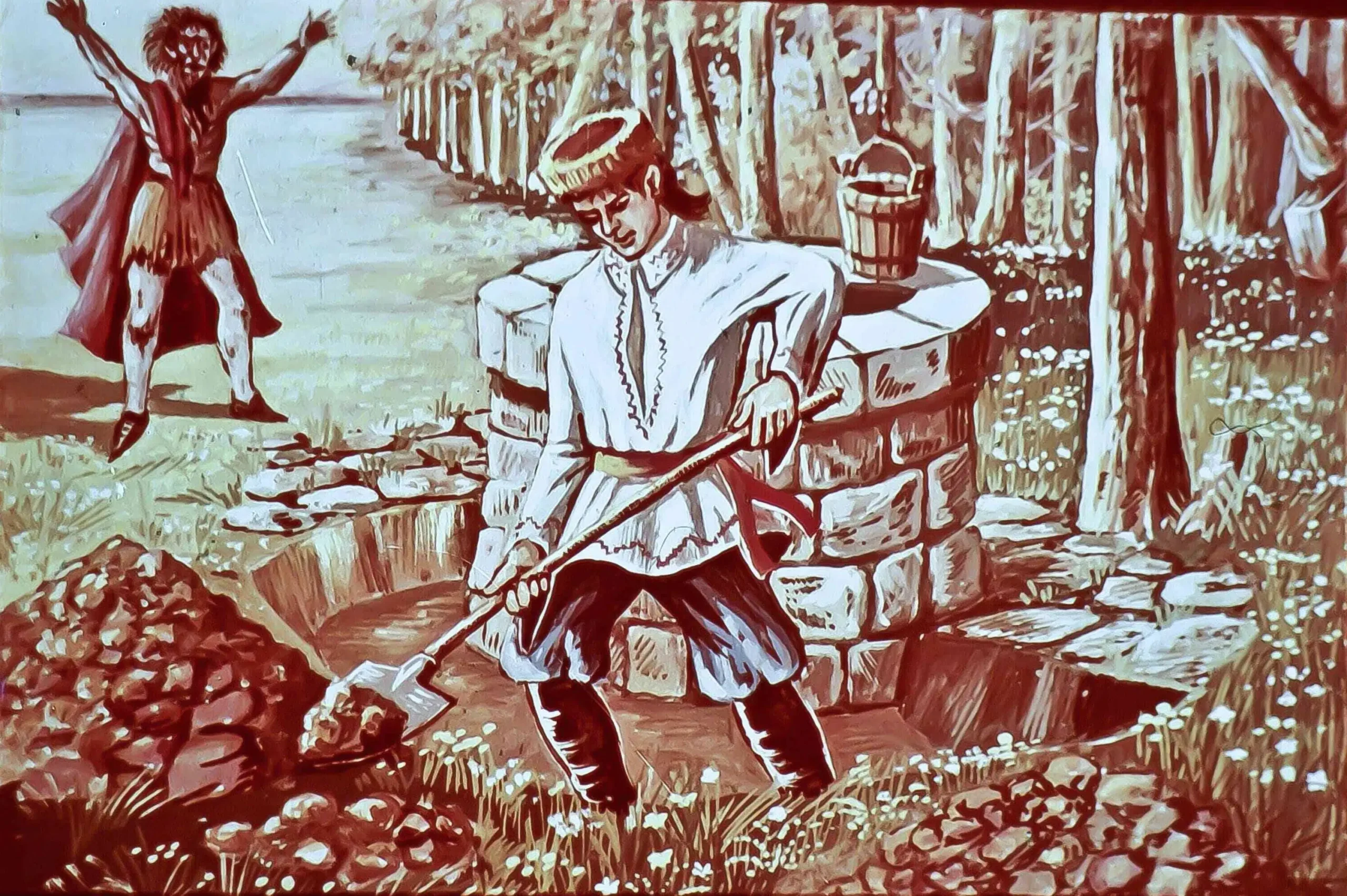 Ilustrație cu un zmeu și un băiat lângă o fântână, cu text explicativ despre o poveste.