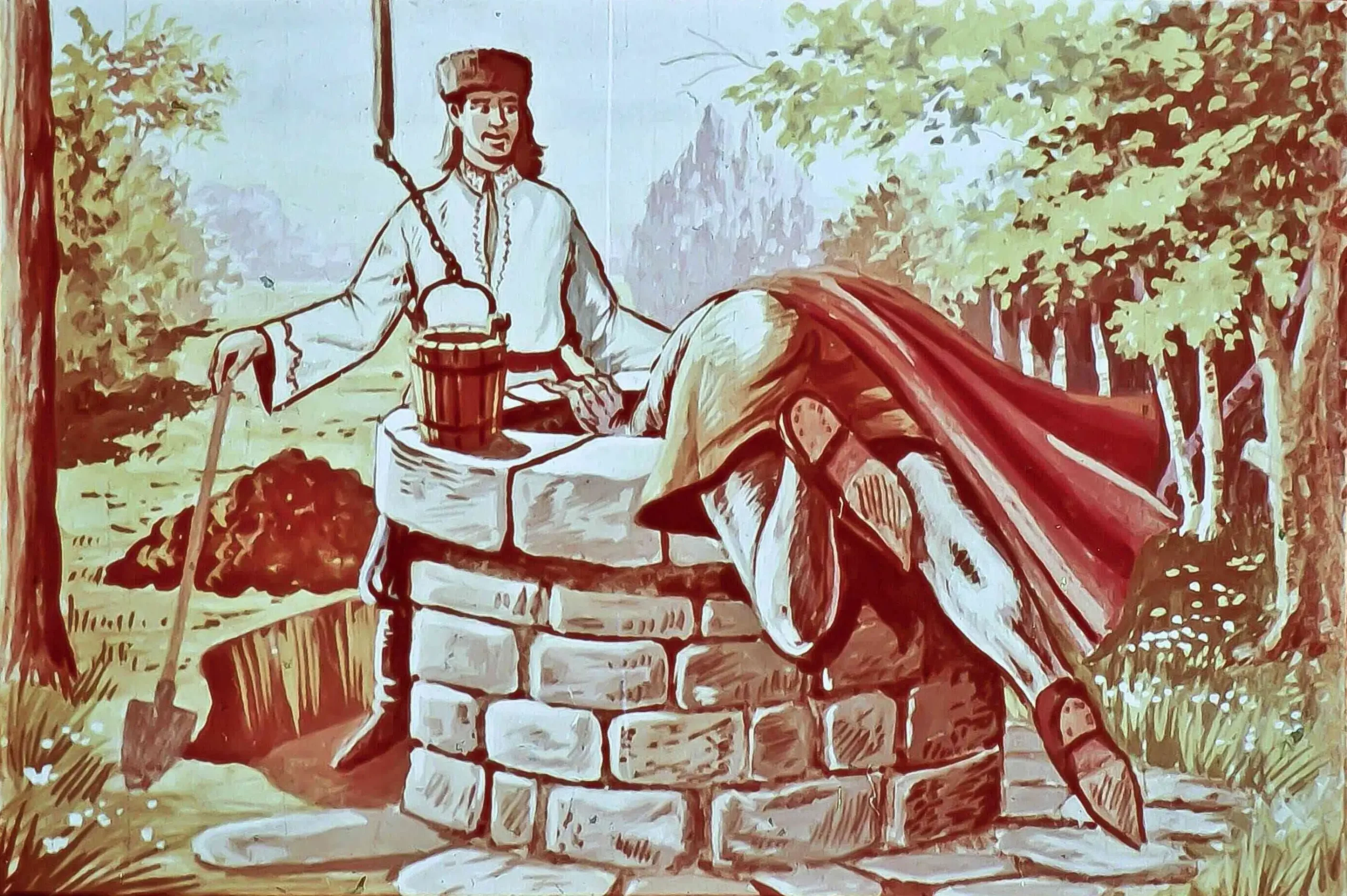 O scenă care ilustrează un dialog între un zmeu și un băiat, situată lângă o fântână.