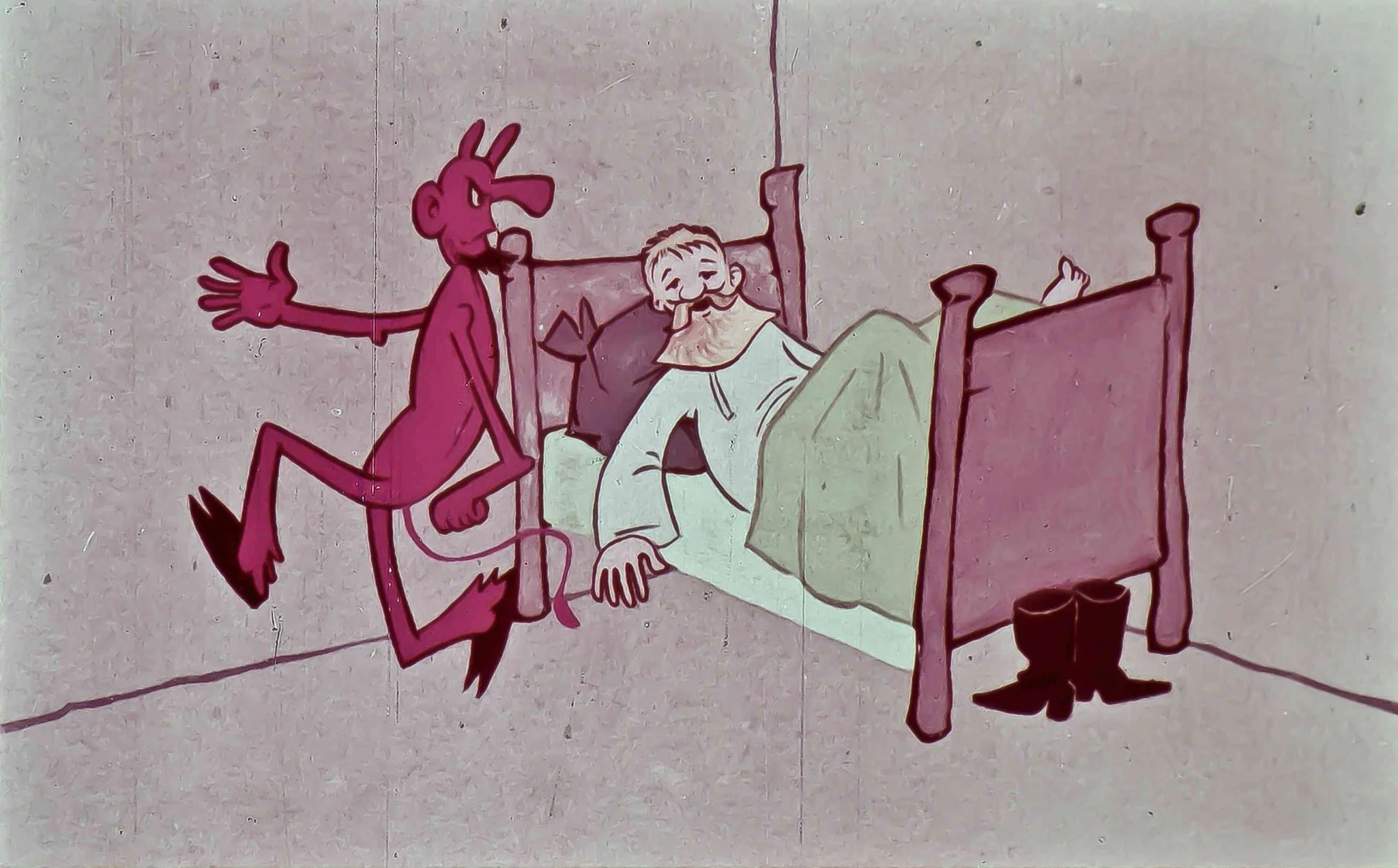 Ilustrație animată cu un demon și un bărbat pe un pat, cu text în limba română.