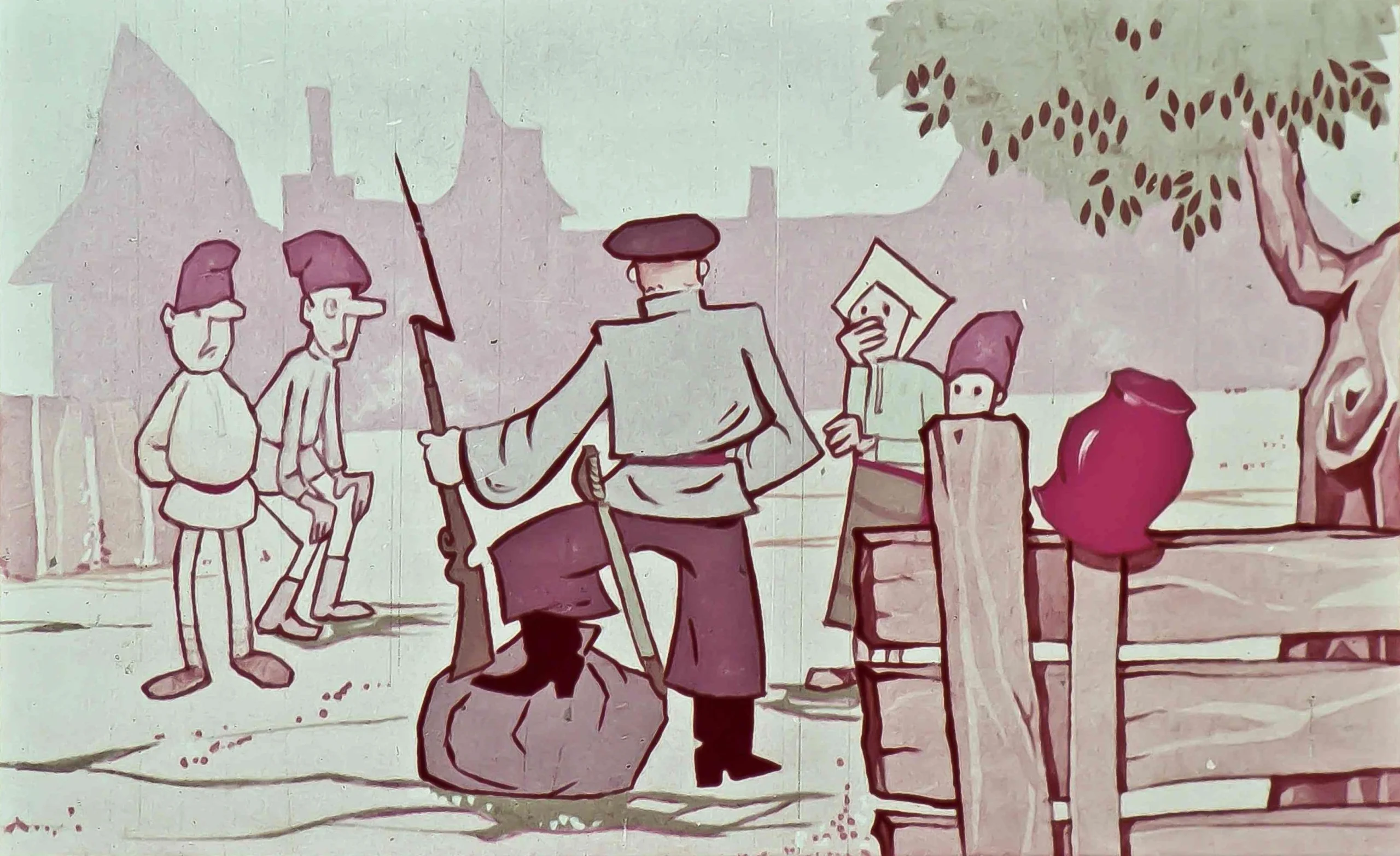 Ilustrație colorată cu un personaj central purtând uniformă și ținând un băț, discutând cu altele persoane într-un peisaj rural.