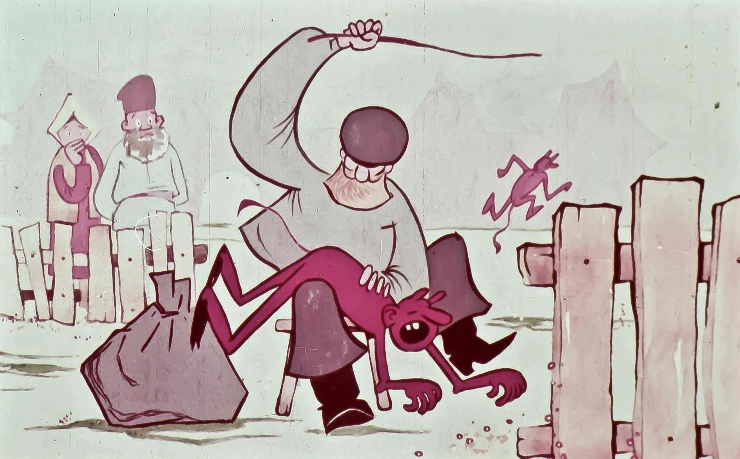 Ilustrație animată cu un personaj care dezleagă o turbincă, capturând un drăcușor, într-un peisaj rural.