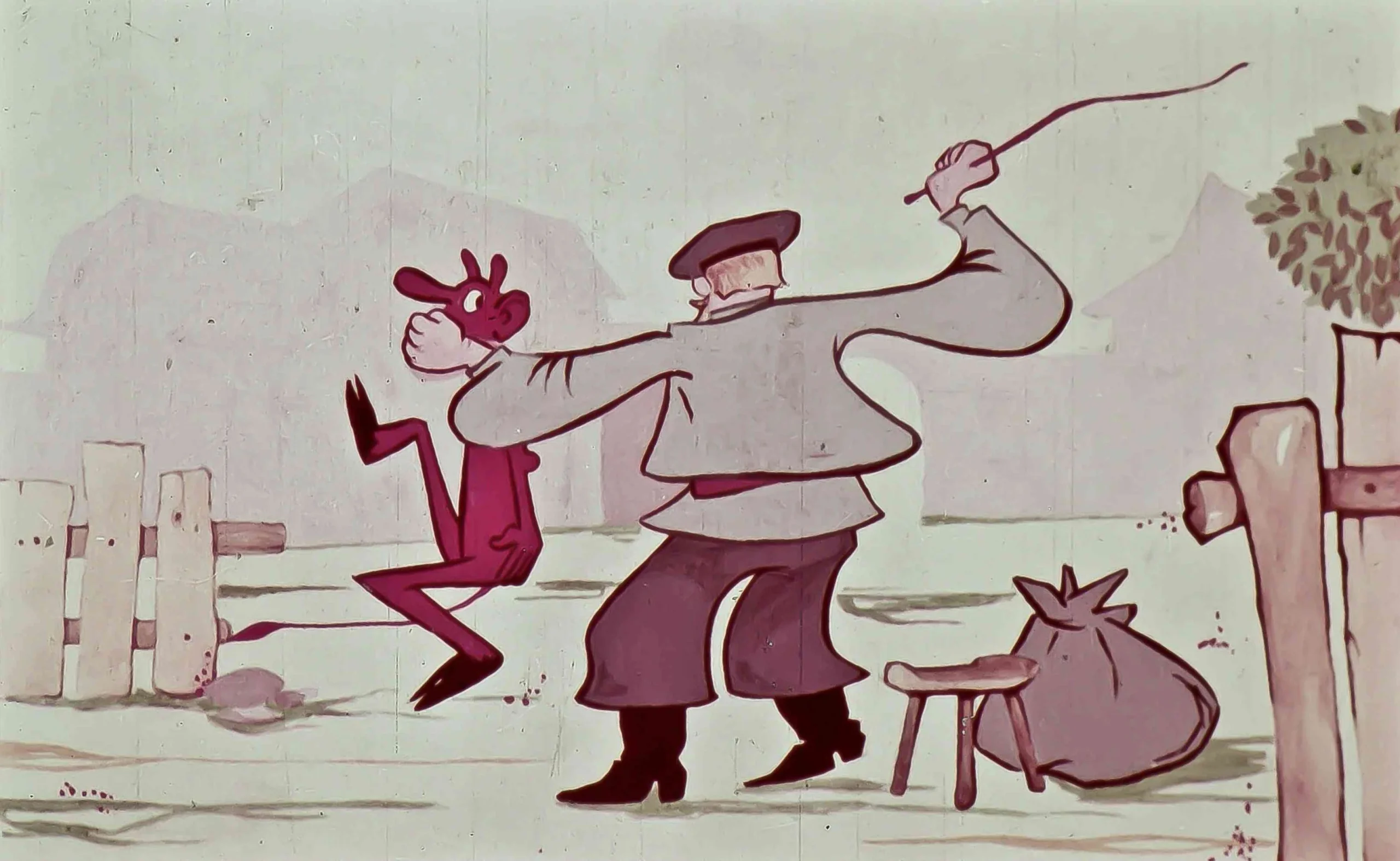 O scenă animată cu un bărbat care trage de un alt personaj, într-un peisaj simplist.