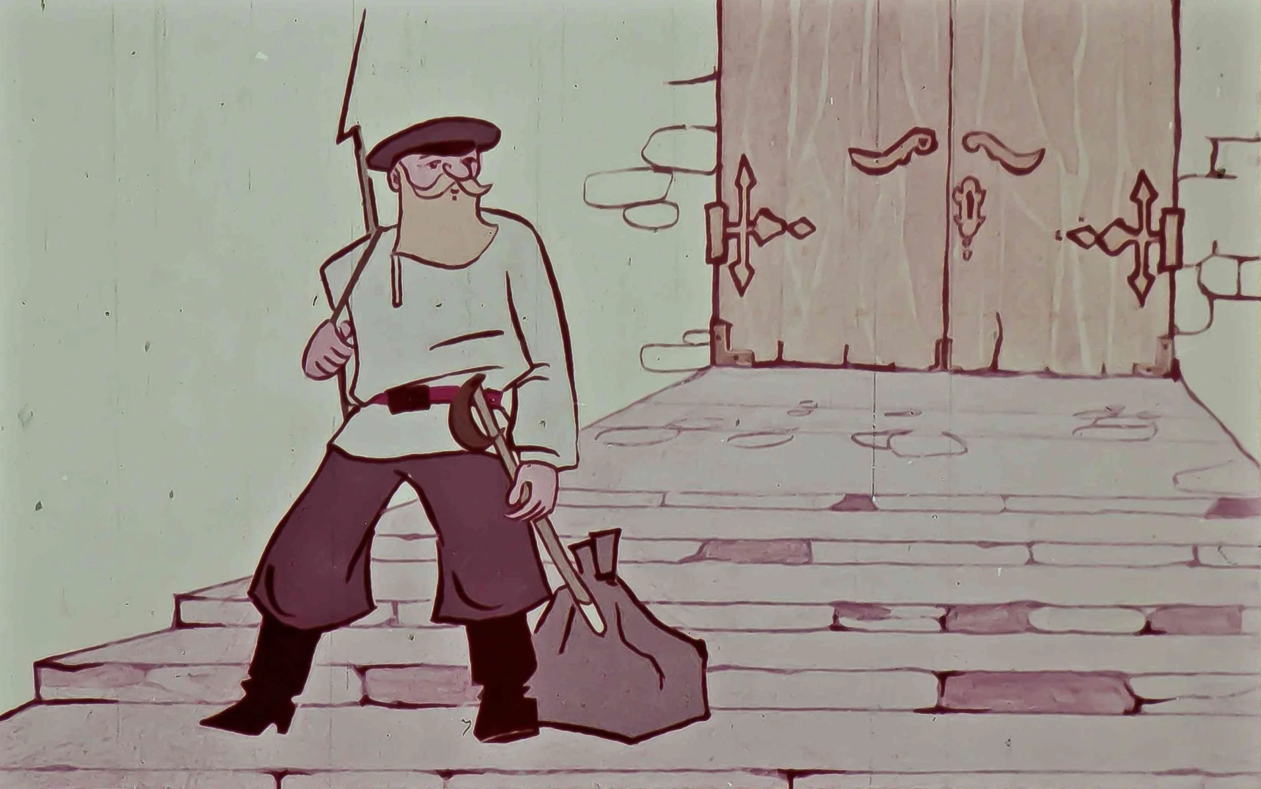 O ilustrație a unui bărbat cu o bâtă în mână, stând în fața unor porți mari, cu un peisaj simplificat în fundal.