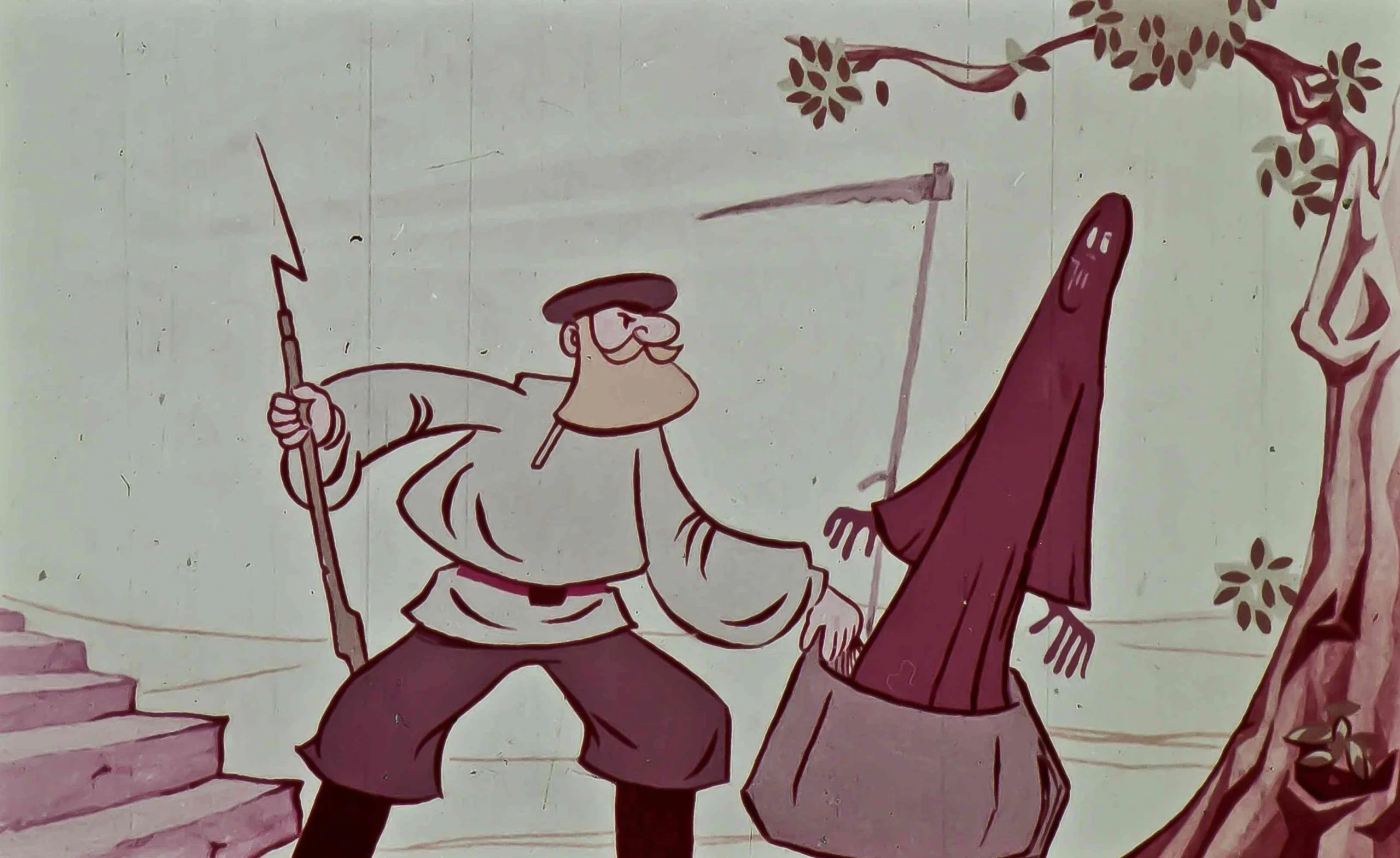 Ilustrație animată cu un personaj ținând un băț și un alt personaj acoperit, care interacționează într-un cadru care sugerează o conversație.