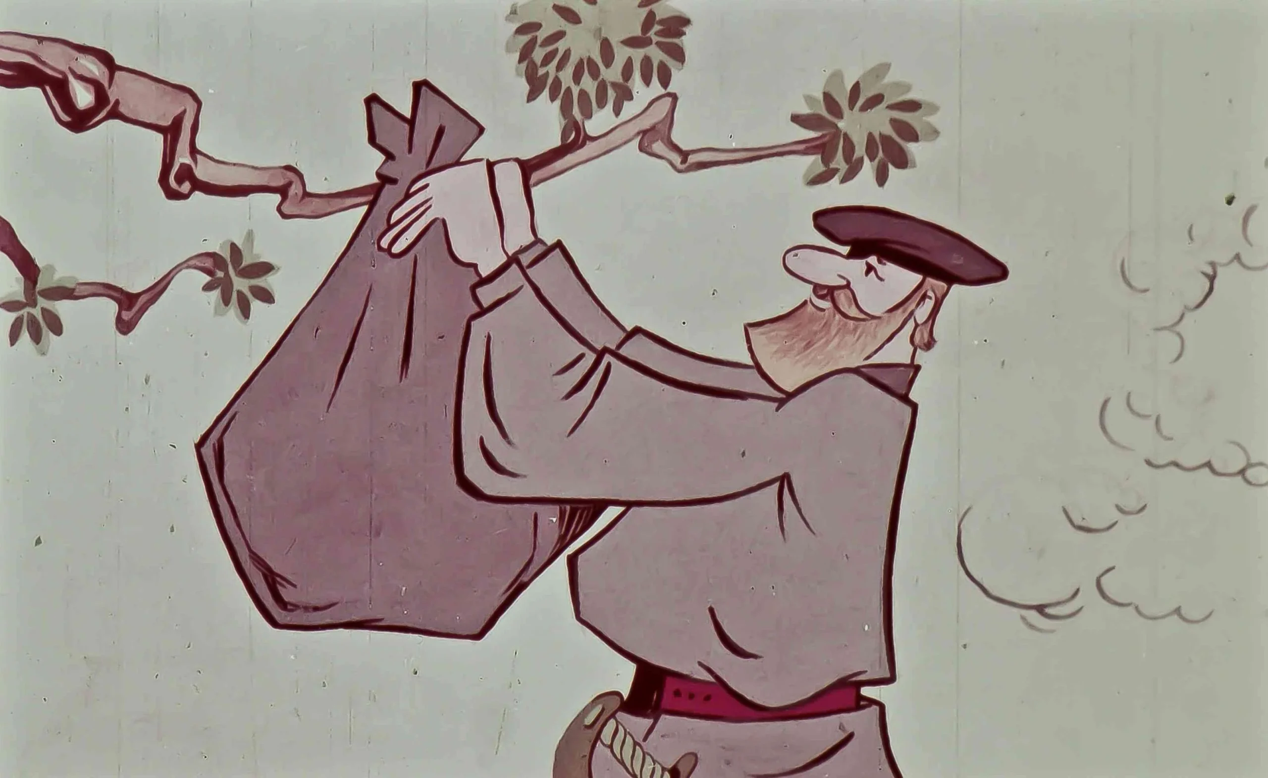 Ilustrație cu un bărbat care leagă un sac de o ramură de copac, cu text descriptiv în partea de jos.