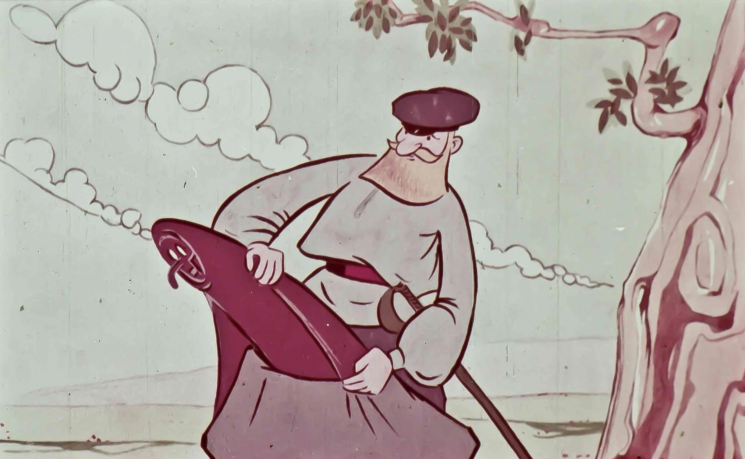 Un personaj de poveste care interacționează cu Moartea, cu un fundal natural și un copac.