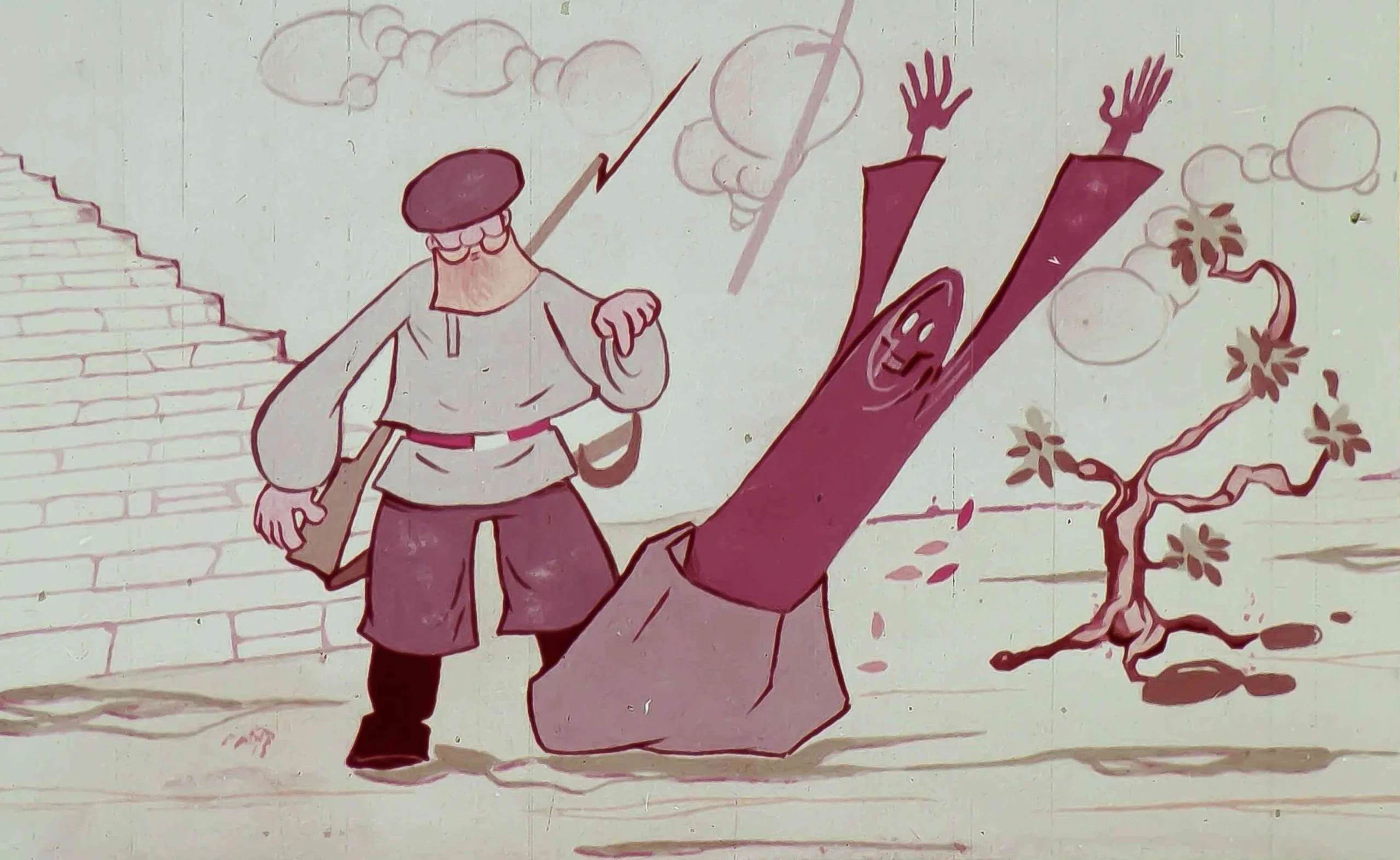 Ilustrație cu doi personaje, unul purtând un costum tradițional, iar celălalt având o apariție caricaturală, într-o scenă de dialog.