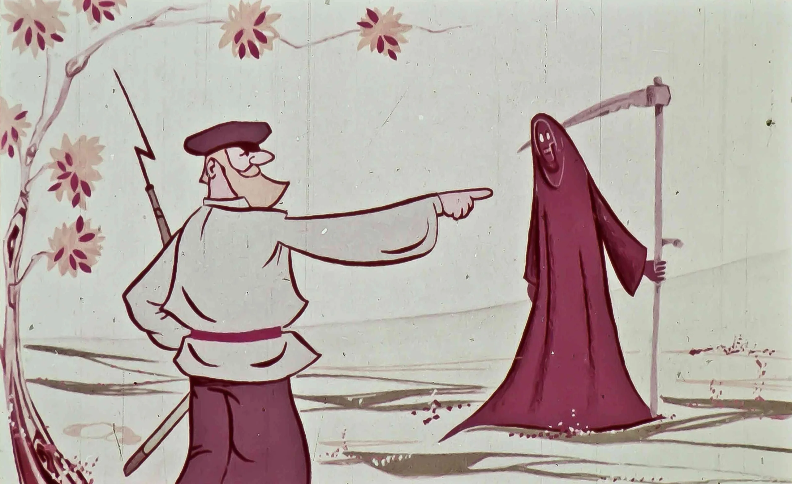 Ilustrație animată cu un personaj care îi vorbește Moartea, exprimând un mesaj despre viață și natură.