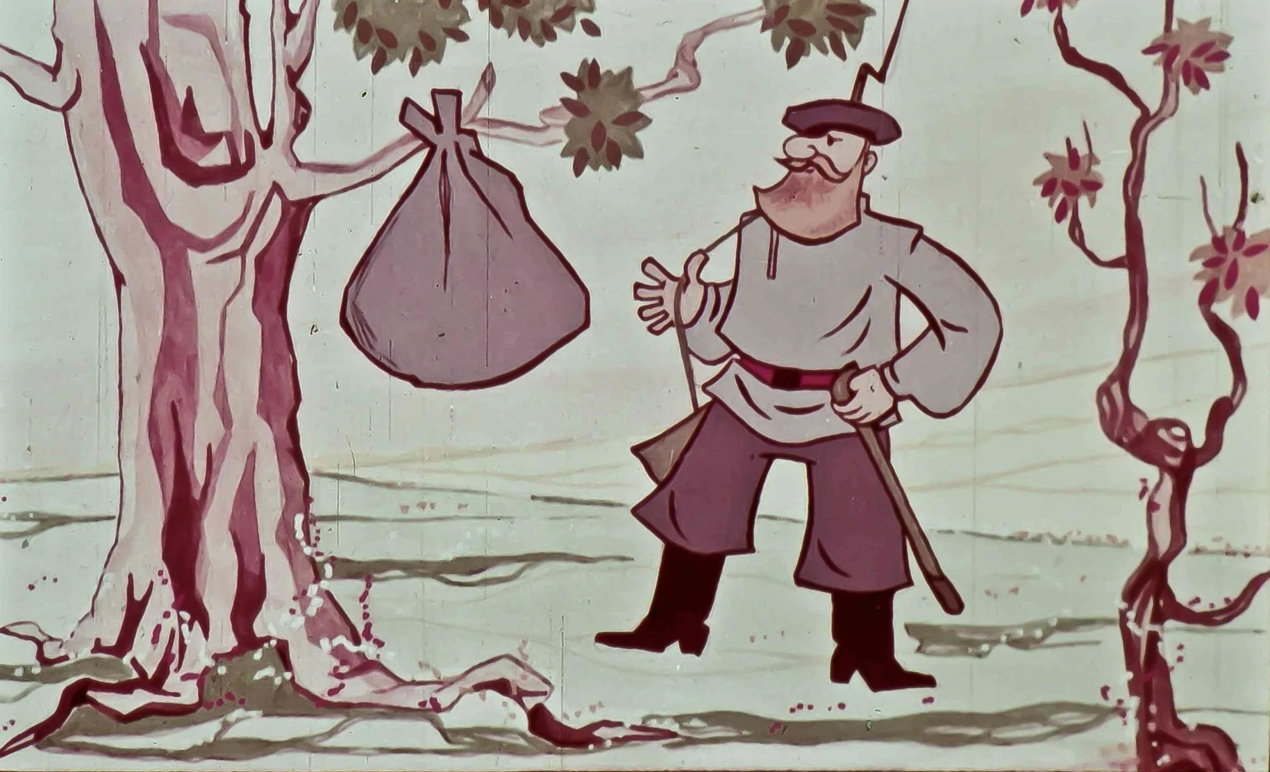 Imagine ilustrată cu un bărbat stând lângă un copac, ținând un sac, și text în partea inferioară care vorbește despre interacțiuni cu Dumnezeu.