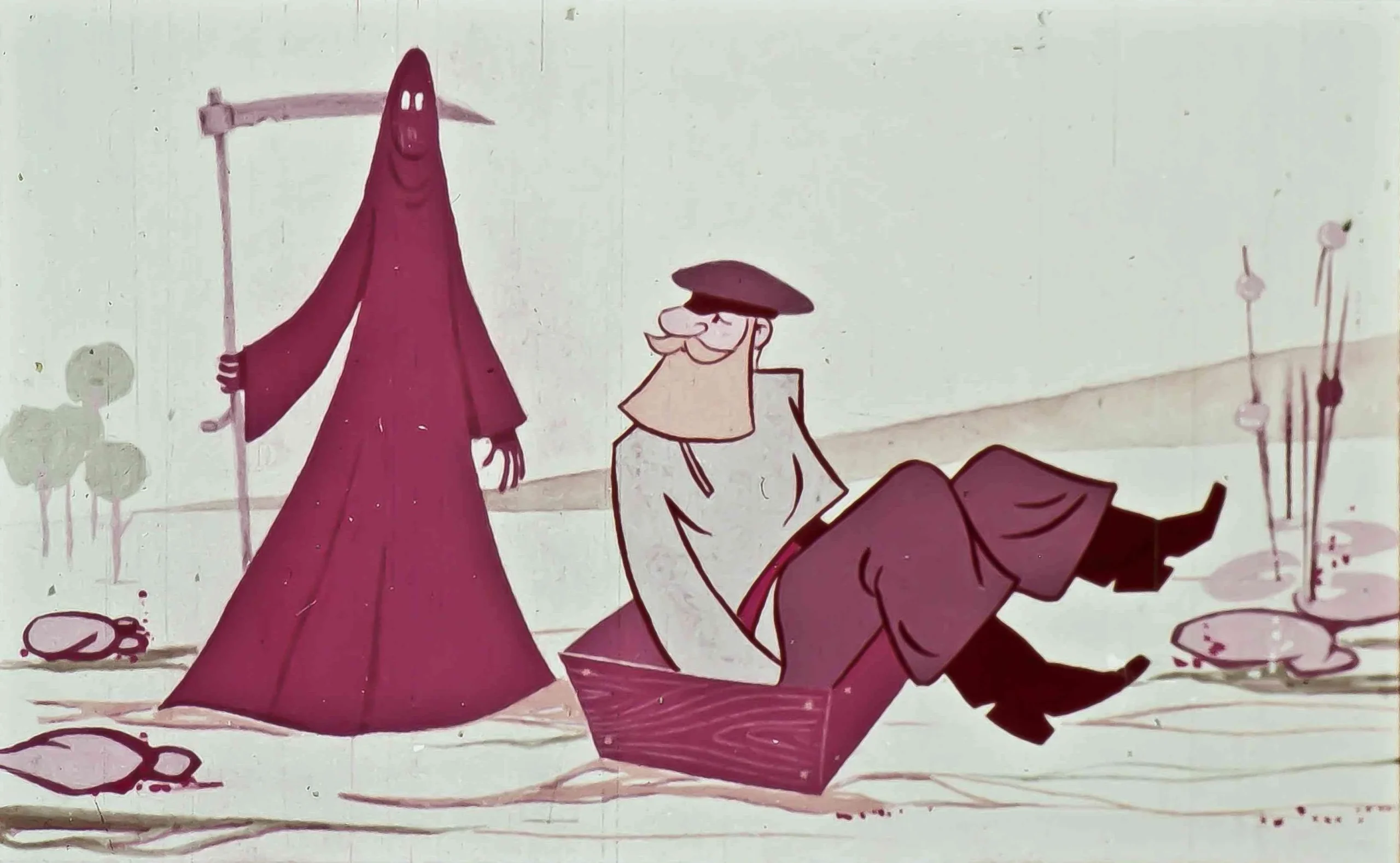 O ilustrație animată cu un personaj îmbrăcat în roșu și un alt personaj cu barbă, care stă într-o ladă.