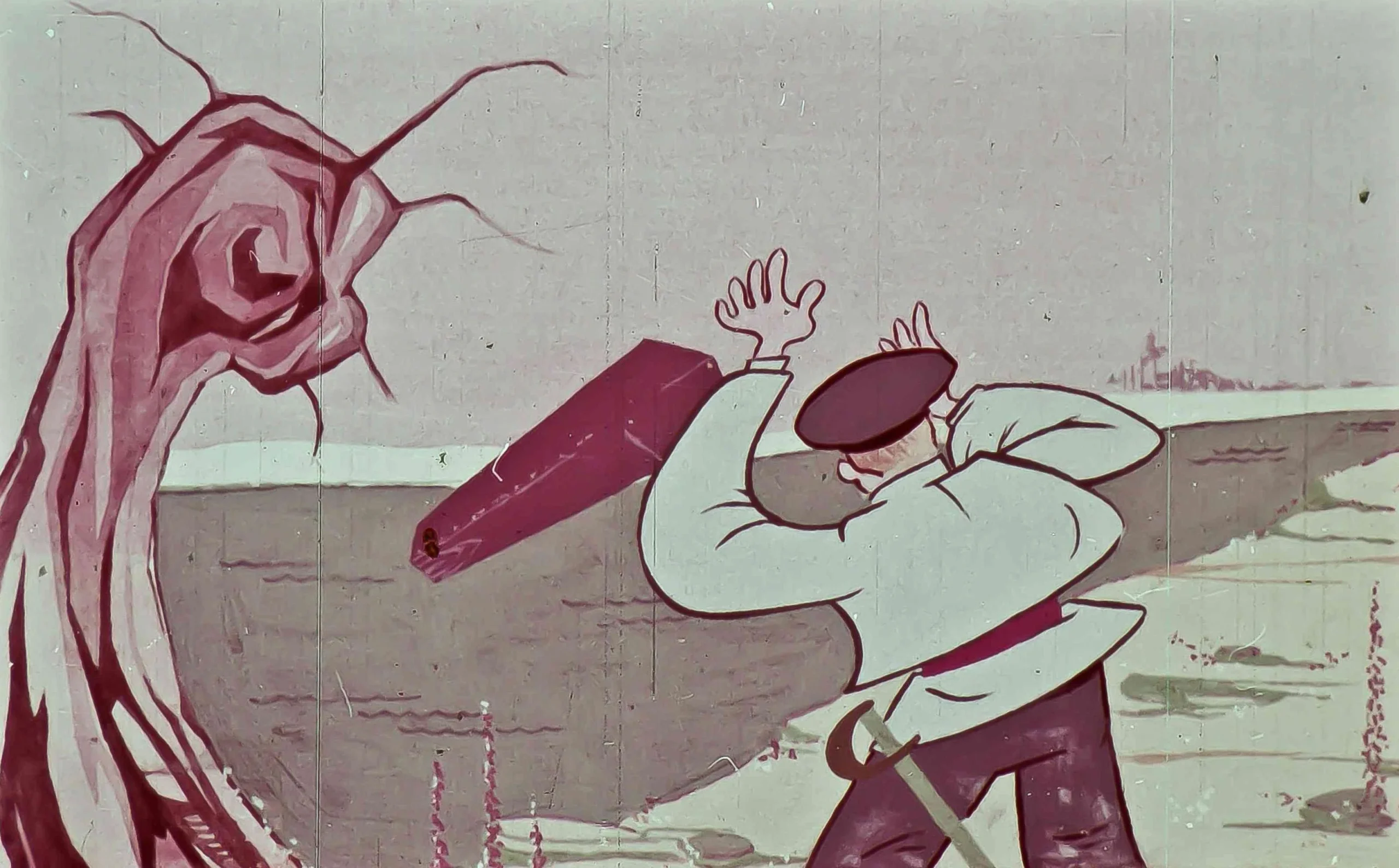 Imagine cu un personaj care poartă o raclă în spate, pregătindu-se să plece pe apă.