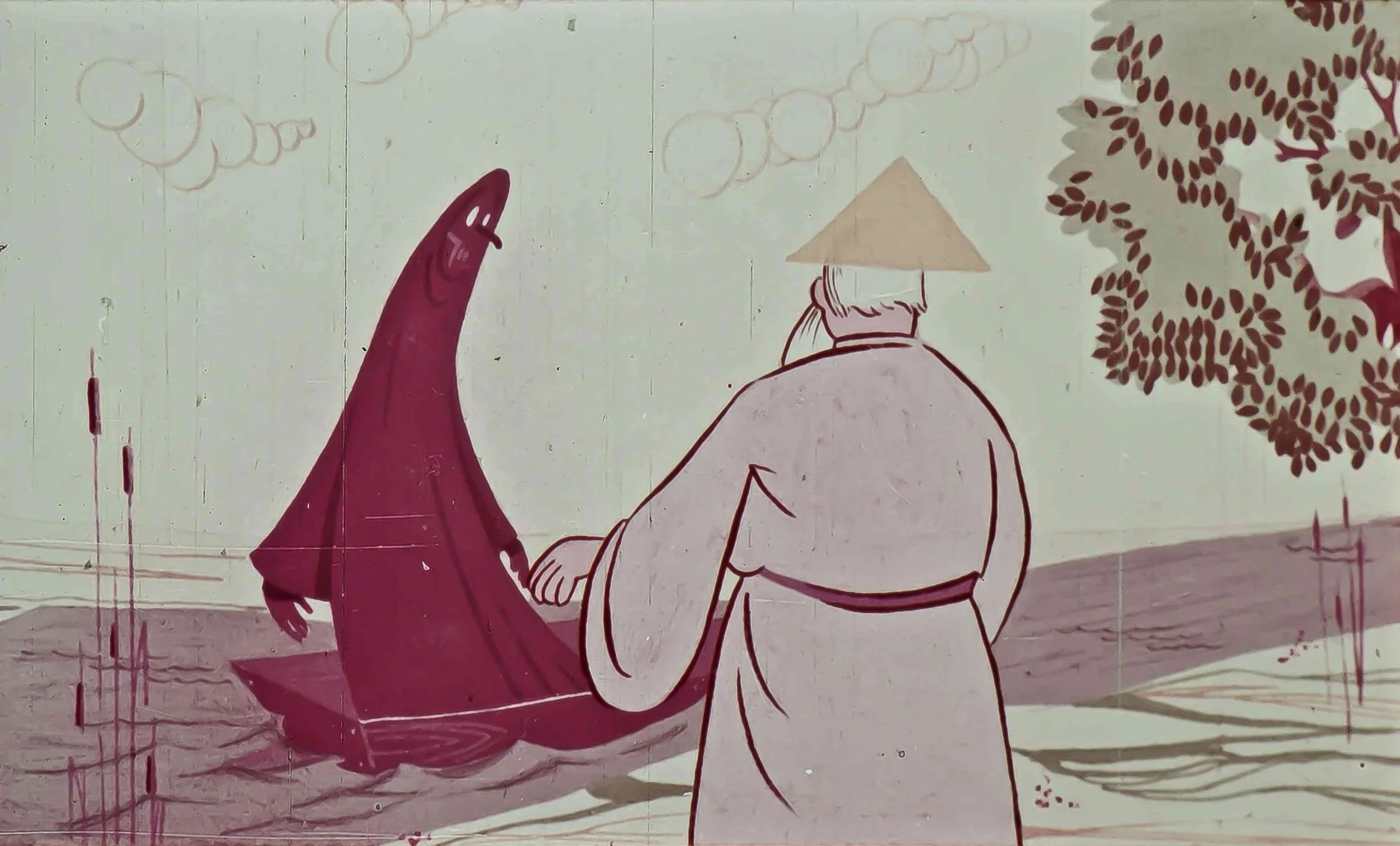 Ilustrație animată cu un bărbat într-o pălărie observând o siluetă într-o barcă pe un mal de apă, text explicativ în partea de jos.