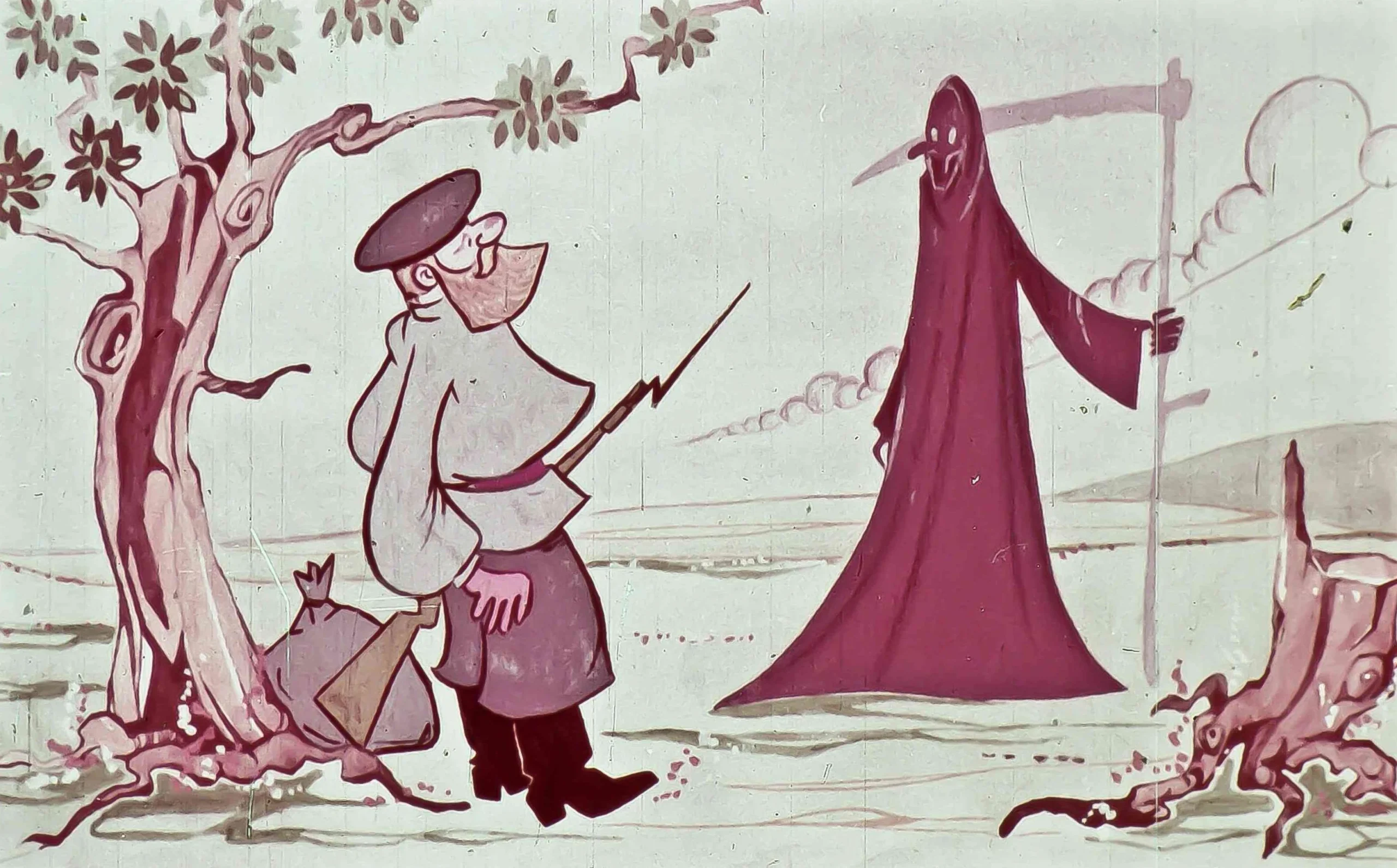 Ilustrație cu un bărbat și o figură misterioasă în peisaj, care discută despre o întâlnire neașteptată.