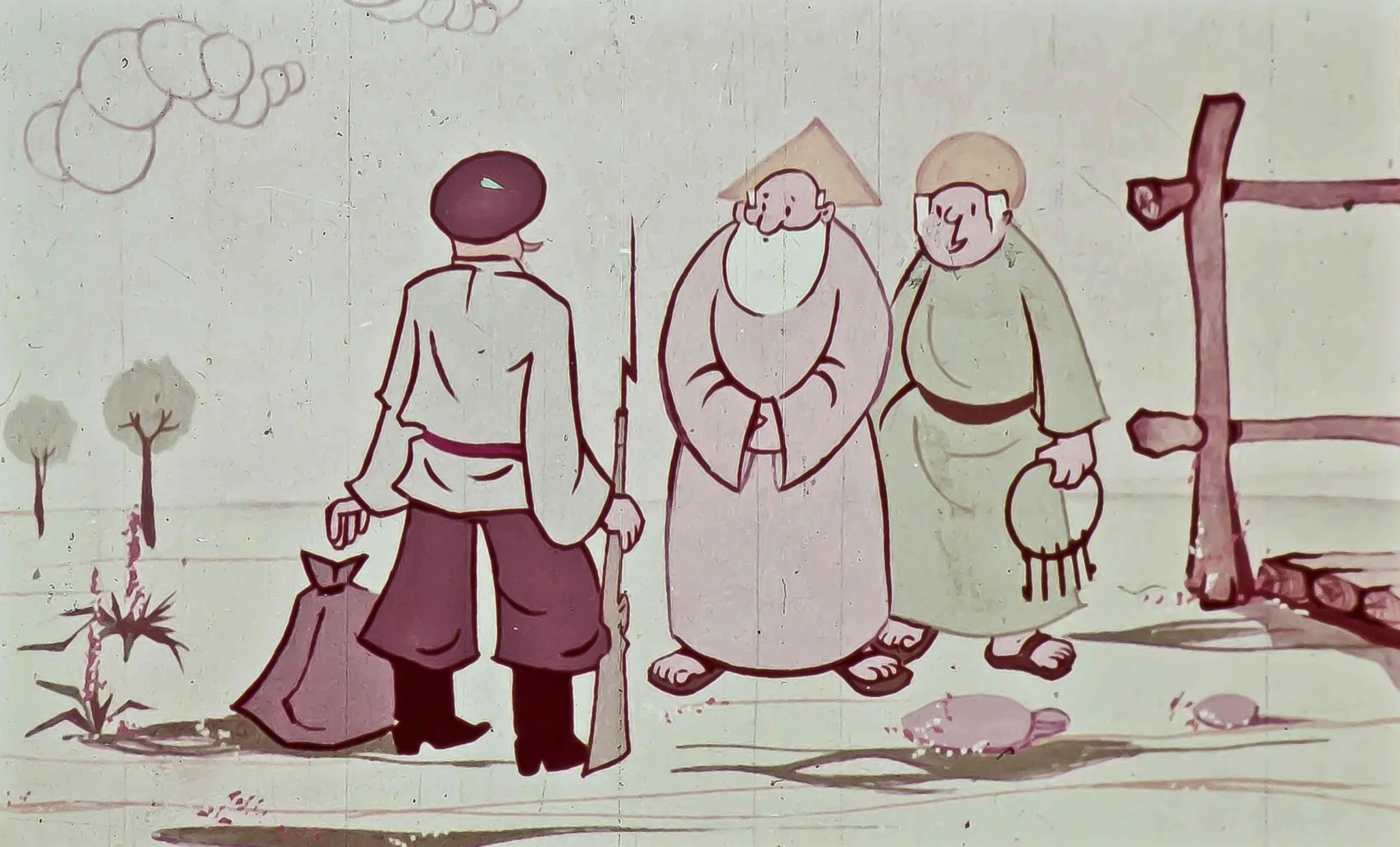 Două personaje discută cu un bărbat care are un sac în mână, într-o peisaj de natură.