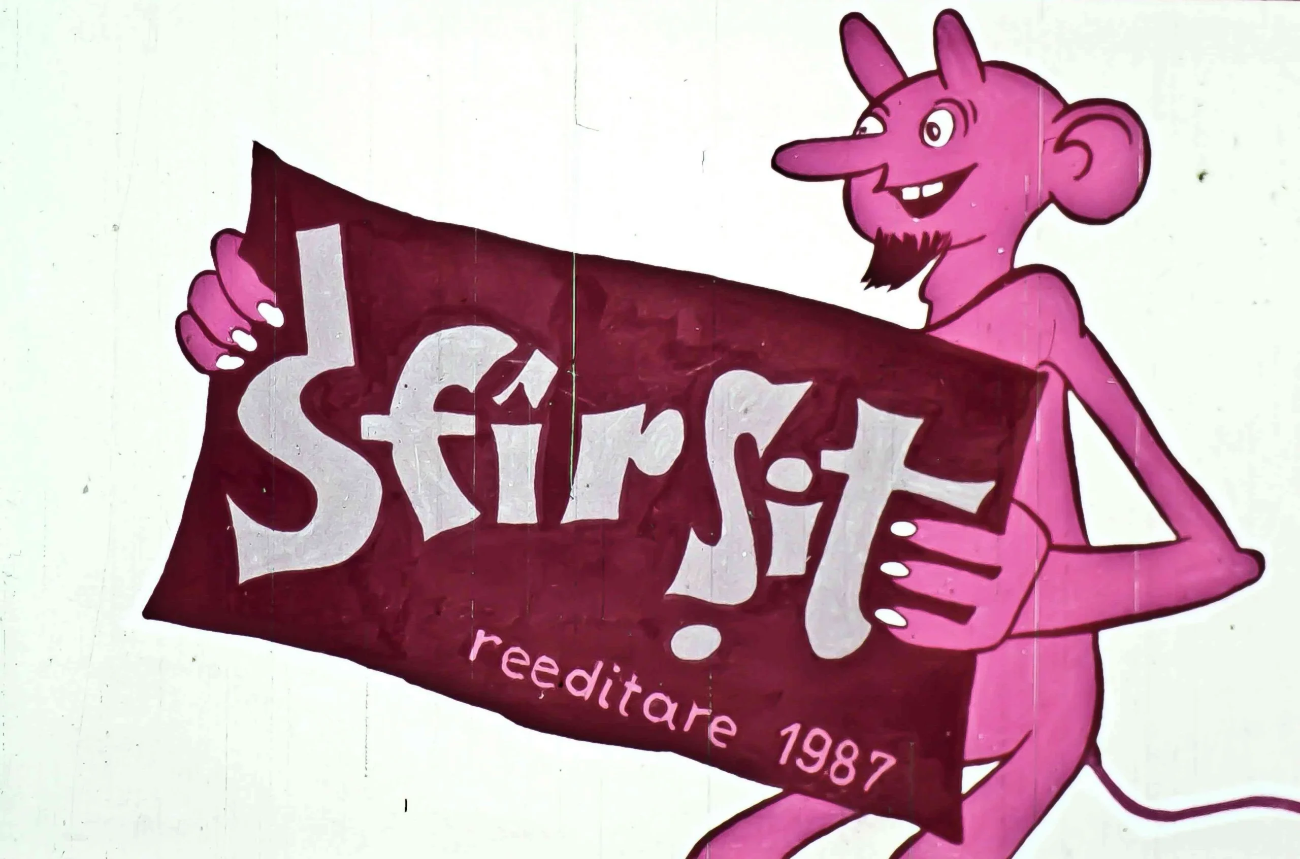 Ilustrație cu un personaj roz ținând un banner cu cuvântul 'Sfârșit' și anul '1987'.